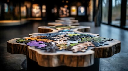 A magnificent display of an organic puzzle artwork in a gallery setting presents a fusion of nature and art, showcasing creativity and connection with the environment.