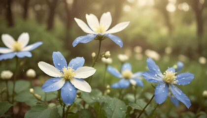 Fototapeta premium White flowers with blue petals in a rainy environment