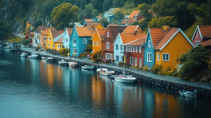 Fototapeta premium Colorful houses line a waterfront canal.