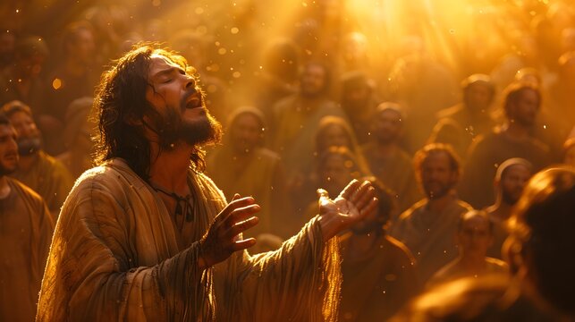 Jesus lowering His hands after prayer, the man’s swollen limbs completely healed, the crowd filled with silent awe, golden light illuminating their faces, realistic rendering,
