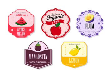 Retro fruits banner and labels. Different juices stickers. Packaging tags with mangostin, watermelon, plum, lemon. Set of seasonal fruits labels stickers and marks or badges template for packaging