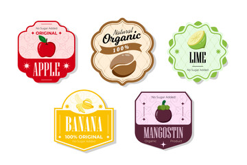 Retro fruits banner and labels. Different juices stickers. Packaging tags with mangostin, banana, lime, apple. Set of seasonal fruits labels stickers and marks or badges template for packaging