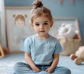 Fototapeta premium Little Girl in Blue T-Shirt Sitting in Cozy Room