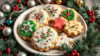 Festively decorated cookies arranged on a white plate surrounded by greenery and holiday ornaments