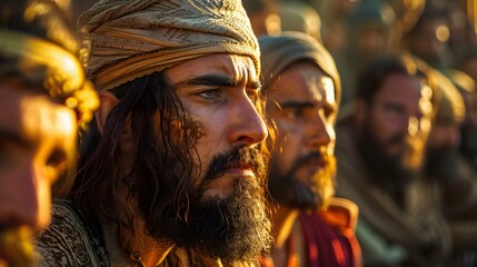 Fototapeta premium Jesus pointing towards the healed man with dropsy, His face filled with compassion, the Pharisees looking stern and disapproving, intricate details of robes and expressions,