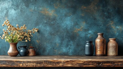 A rustic shelf displaying vases and dried flowers against a textured blue wall.