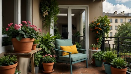 Balcony with lush plants and flowers, perfect for home decor and gardening.