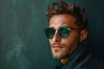 Obraz premium Stylish portrait, man wearing green sunglasses, textured green background, dark coat and casual hairstyle, sleek and confident look, trendy fashion accessory, modern aesthetics