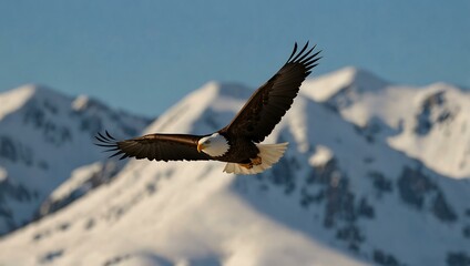 Fototapeta premium Bald eagle soaring over snow-capped mountains.