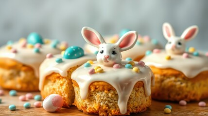 Obraz premium Festive spring treats featuring cute bunny and egg decorations on delicious golden pastries