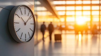 Large clock showing the time in a busy airport terminal with blurred passengers and luggage at...