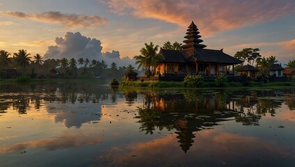 Balinese temple at sunrise on a small island, with colorful reflections.