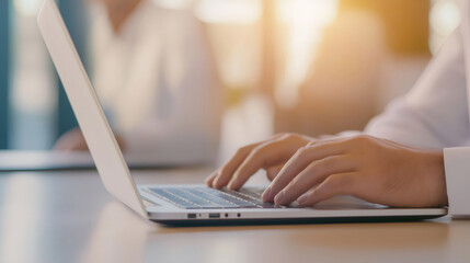 Businessman typing on laptop keyboard during office meeting