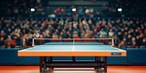 Table tennis match in front of enthusiastic crowd in indoor stadium