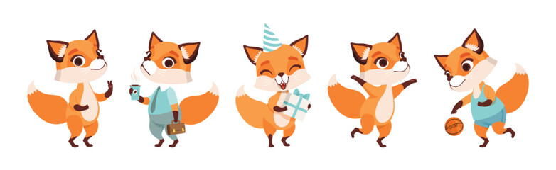 Cute Fox Character with Bushy Tail and Pretty Snout Vector Set
