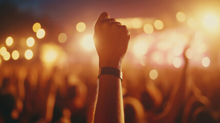 Silhouette of hand with wristband making fist pump celebrating favorite band at concert