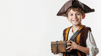 Naklejka premium Studio portrait of happy smiling child wearing pirate costume holding wooden treasure chest full of gold coins