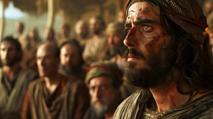 Naklejka premium Jesus standing over a man with dropsy, His expression filled with compassion, the man looking up in relief, Pharisees in the background with skeptical expressions,