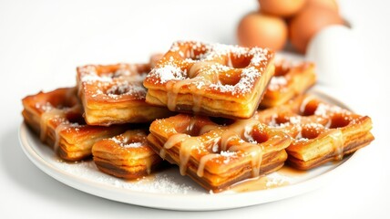 Delicious homemade waffles topped with syrup and powdered sugar served on a white plate