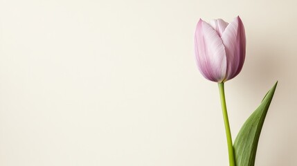 Fototapeta premium A solitary soft lilac tulip against a muted cream background, close-up shot, Minimalist style