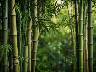 Bamboo leaves against a green background, refreshing and immersive.