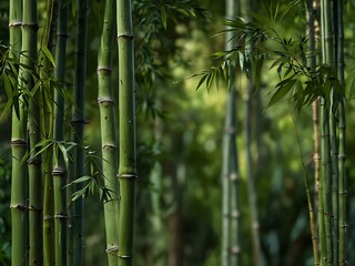 Bamboo leaves against a green background, refreshing and immersive.