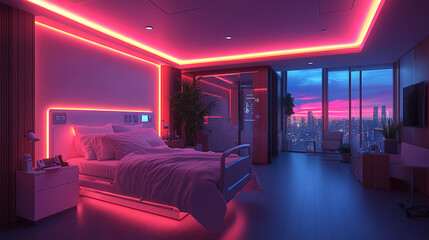 Fototapeta premium Modern bedroom with vibrant neon lighting and city view during sunset in urban high-rise building. Generative AI