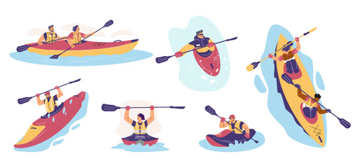 Vector kayaking set in which men and women hold oars in their hands and row.