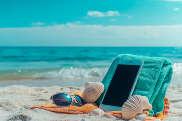 Relaxing beach scene with smartphone, sunglasses, and seashells on sunny day