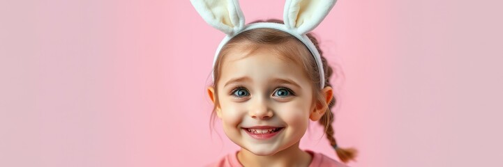 Cheerful child wearing bunny ears smiles brightly against a pink background during a festive celebration