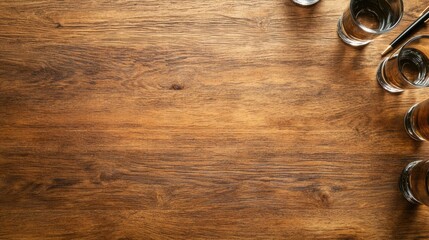 Wooden Table Surface with Water Glasses and Pen Arrangement