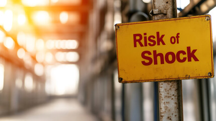 Warning: industrial yellow sign highlighting the danger of electrical shock, promoting workplace safety