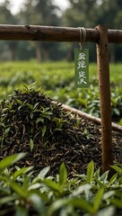 Banner showcasing fresh green tea leaves in an herbal farm.