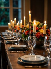 Banquet table decorated with plates, glasses, and candles.
