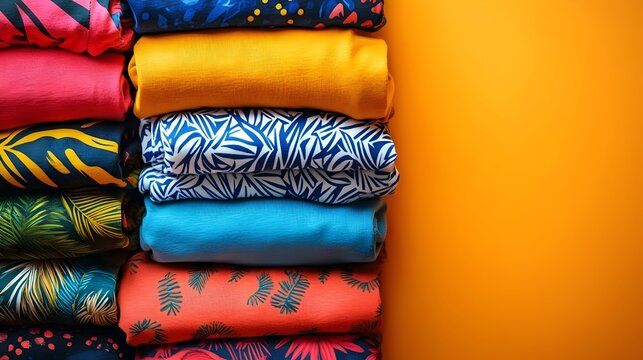 A stack of colorful shirts with a yellow background
