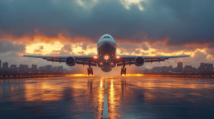 Majestic airplane landing at sunrise on wet runway in urban setting