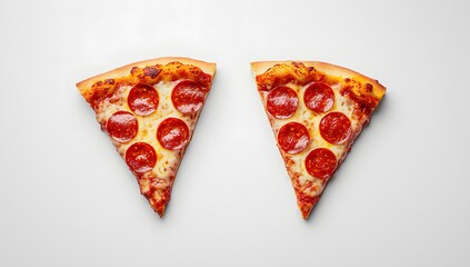 Fototapeta premium Two slices of pepperoni pizza on a white background. A classic, delicious treat!