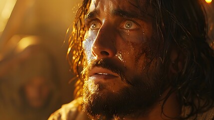 The healed man kneeling before Jesus, looking up with tears of gratitude, his swollen limbs visibly returning to normal, soft golden light illuminating their faces,