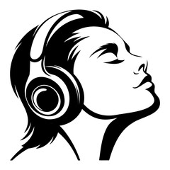 Head of a man wearing headphones Black silhouette vector illustration isolated on a transparent background