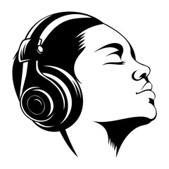 Head of a man wearing headphones Black silhouette vector illustration isolated on a transparent background