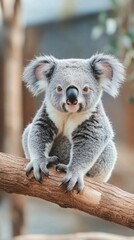 Naklejka premium Adorable koala resting on tree branch in the forest during daylight hours