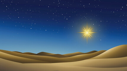 Photorealistic depiction of the Bethlehem star radiating brightly over a serene desert landscape, surrounded by soft gradients of blue and gold in a tranquil night sky.