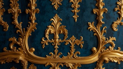 Baroque-style wall paneling in gold and blue tones.