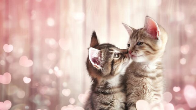 Two cute kittens on a pink wooden background with a bokeh of hearts with an empty space for text. Greeting card for March 8 or Valentine's Day.