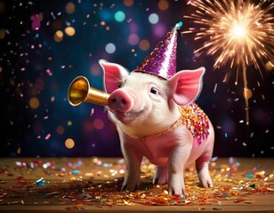 Lustiges Silvesterschwein mit Partyhut und Feuerwerk für Neujahrsfeiern