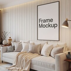 Cozy and Hygge chic minimalist living room with a Scandinavian Vibes.