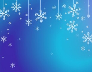 A festive winter background featuring white snowflakes of various sizes, suspended on strings against a gradient blue background. Smaller snowflakes are scattered across the image, creating a sense of
