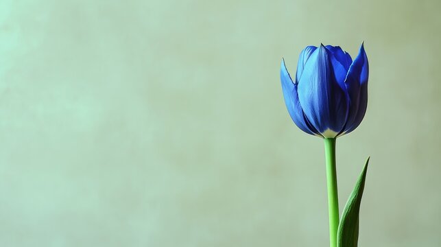 A solitary vibrant cobalt blue tulip isolated against a muted olive background, close-up shot, Minimalist style