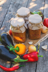 Preserving eggplants in a jar. Selective focus.