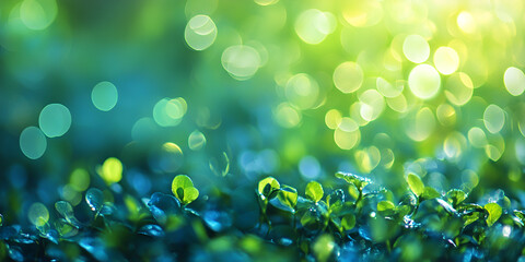 Fototapeta premium Dew on Fresh Green Grass with Sunlight Bokeh